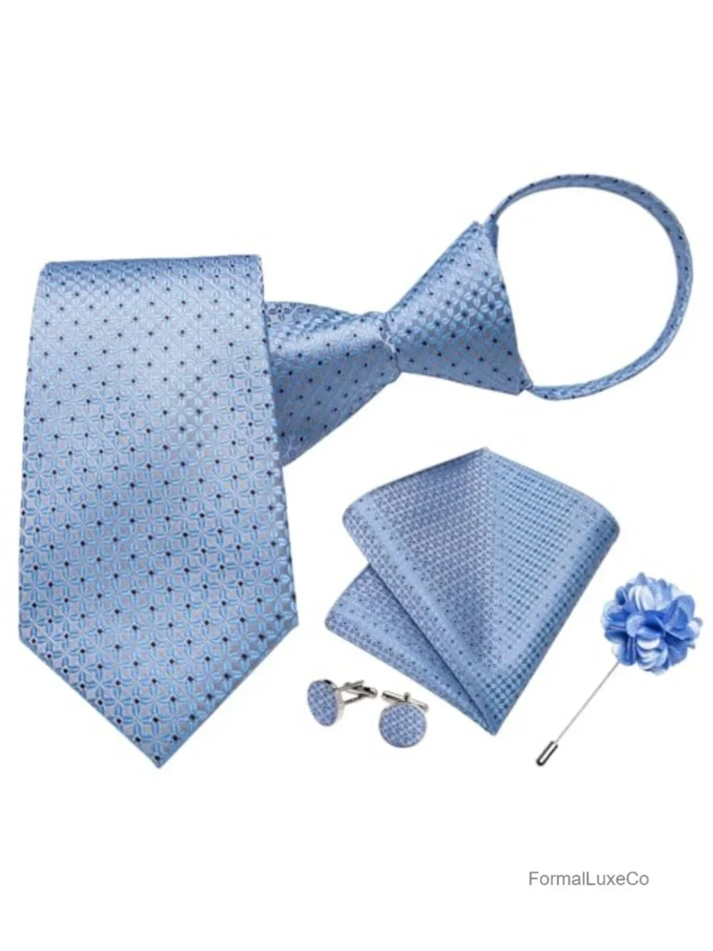 Silk Pre-Tied Zipper Necktie Set with Gift Box, Pocket Square, Cufflinks, Lapel